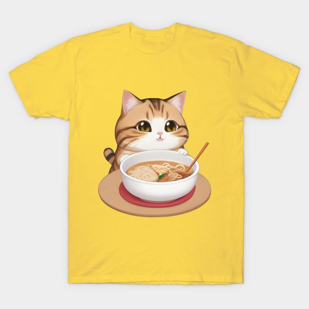 Cute Cat Holding a Cup of Ramen T-Shirt by PHDesigner